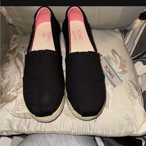 Toms Black Canvas Slip-On Flats with Pink Insole and Rainbow Trim